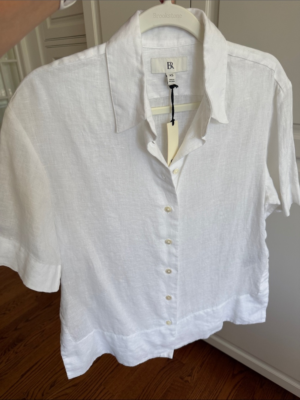 Banana Republic crisp white Linen Short-Sleeve Button-Down Shirt wide hem XS NWT